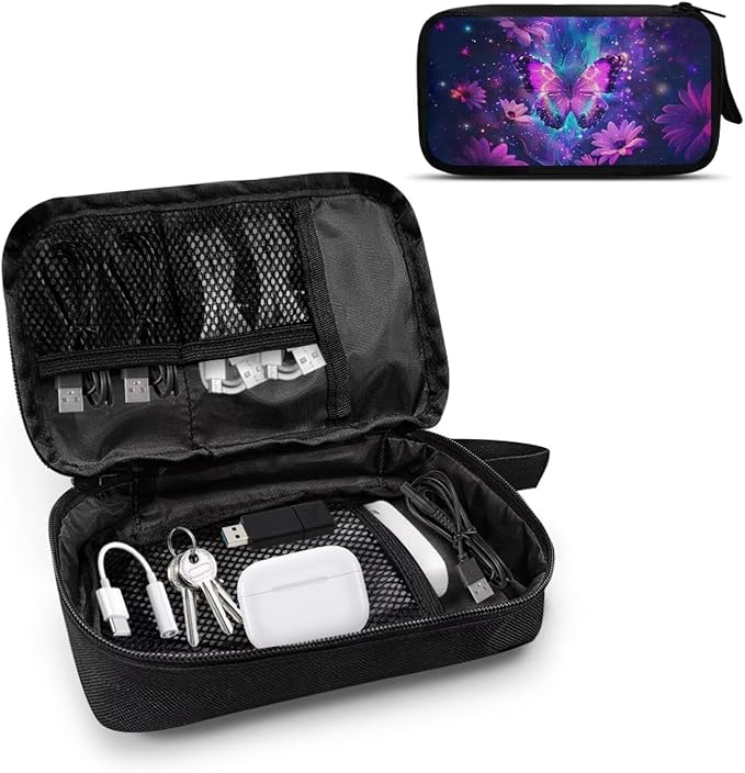 Purple Floral Butterfly Print Electronic Organizer Travel Universal Accessories Storage Bag Portable for Hard Drives, Cables, Memory Sticks, Charger, Phone, USB, SD Cards