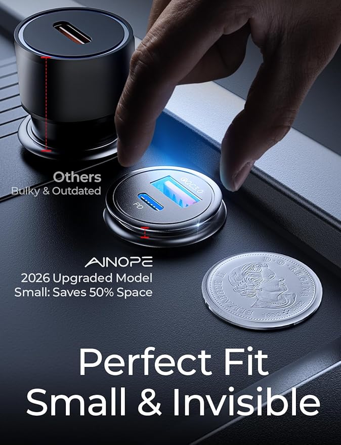 AINOPE 67.5W Car Charger USB C Fast Charge, PD 45W USB C Car Charger Fast Charging【Mini & Metal】 Cigarette Lighter Adapter USB-C Type C Car Charger for iPhone 17 16 15 Pro Max, for Samsung S26 S25