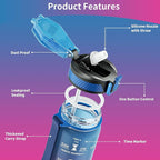 QLUR Water Bottle with Straw, 27oz Motivational Water Bottles with Time Marker to Drink, Tritan BPA Free, 750ml Sports Water Bottle with Carry Strap LeakProof for School Fitness Outdoor (1Pack)