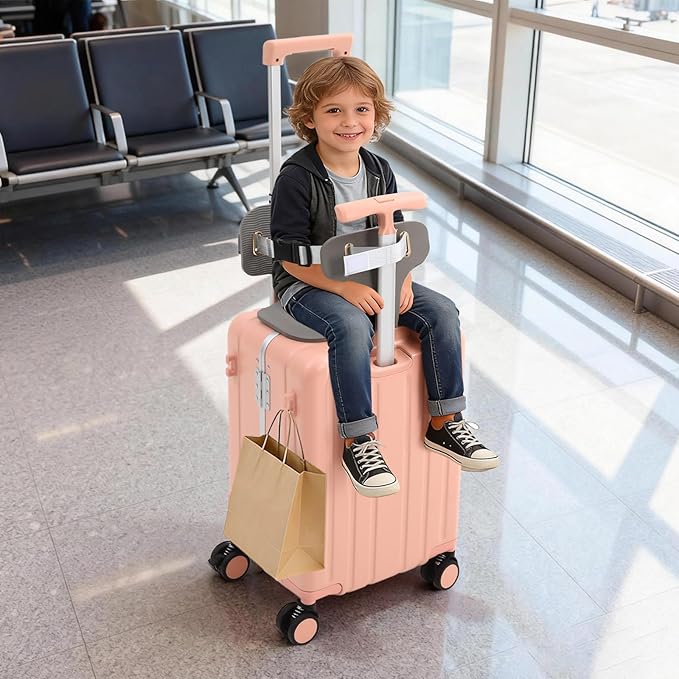 CNCEST 20" Adjustable Double Handle Ride-on Luggage,Travel Carry On Trolley Case with Mesh Pocket for Kids,Children's Ride On Suitcase with Wheels & TSA Lock (StyleB, Pink)