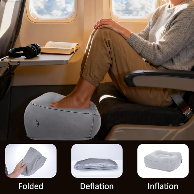 Inflatable Foot Rest for Airplane Travel & Office, Portable Leg Rest Pillow, Elevating Feet for Economy Flight, Home Desk, Car Use - Grey(2Pcs)