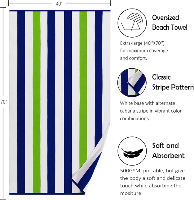 Bornbay Large Beach Towel Oversized - 40"X70" Big Cute Pool Towel, Extra Large Thick Grassgreen Beach Towels, XL Wide Fluffy Beach Towel Oversize, Giant Stripe Cotton Pool Towel for Adults