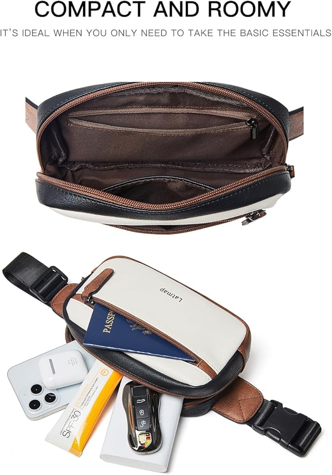 LATMAP 2L Fanny Packs Everywhere Belt Bag Small Fashion Crossbody Waist Pack Faux Leather Waterproof Sling Chest Bag For Women Black White