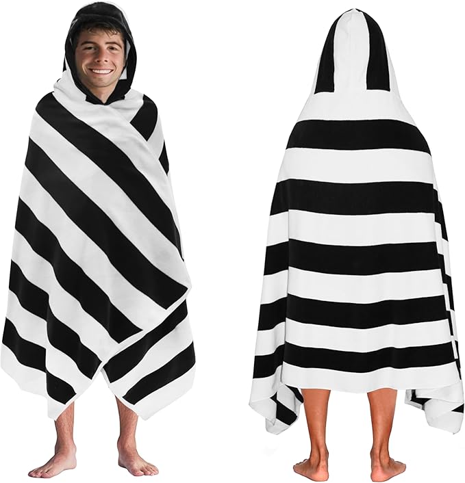 COTTON CRAFT Hooded Beach Towel – Oversized 39 x 68 Towel with Hood for Adults - 100% Ringspun Cotton Velour Terry Towel - 450 GSM Super Soft Plush Absorbent Quick Dry Bath Wrap – Cabana Stripe Black