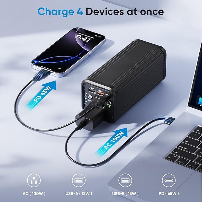 Portable Power Bank with 100W AC Outlet, PD 65W USB-C Fast Charging, USB-A Port, LED Light Indicator