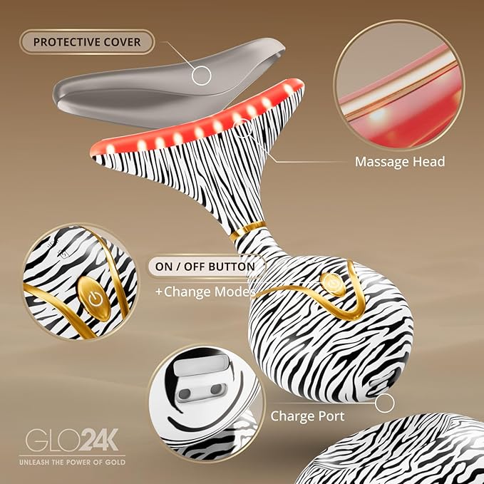 GLO24K 7 Color Beauty Device – Triple LED Action & Vibration Technology Facial and Neck Massager (Zebra, 1 Pack)