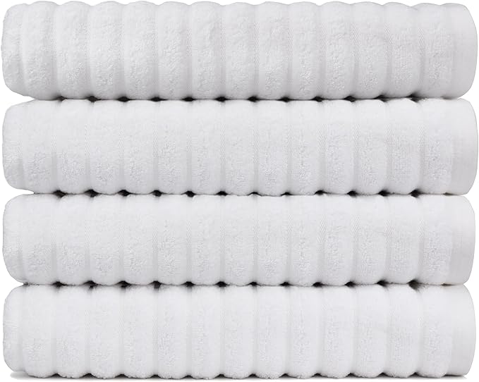 Black & White Brands Brazilian Beach/Pool/Bath Towel - Ultimate Absorbent Luxury XL 36x70 100% Cotton Wave (4 White Towels, Poly Pinstripe)