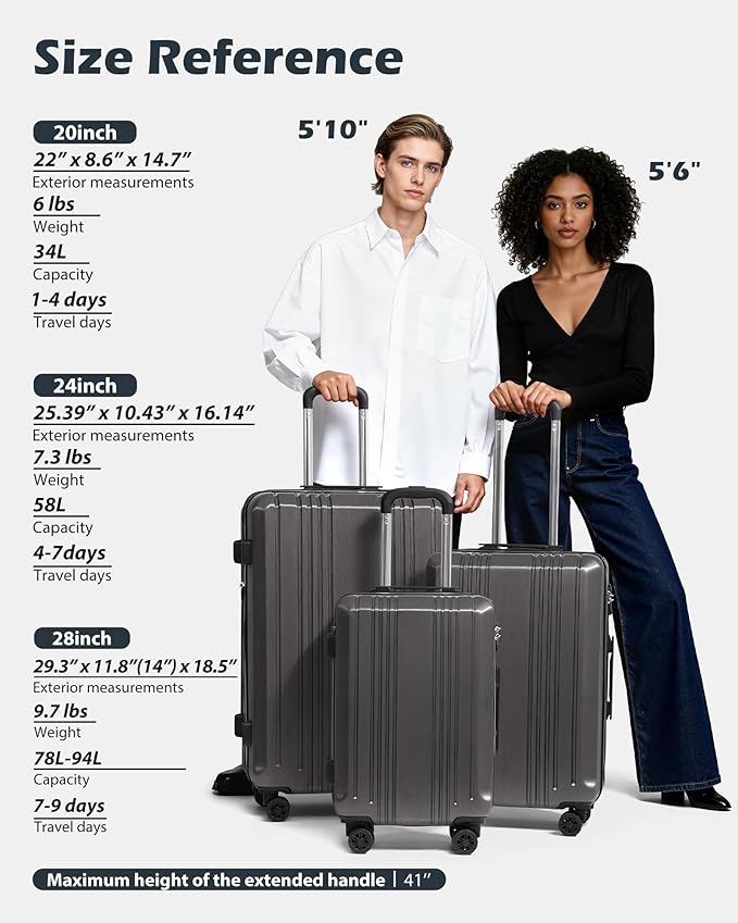 Coolife Luggage 3 Piece Set PC+ABS Hardshell Suitcases with TSA Lock, Spinner Lightweight (sliver, 3 piece set)