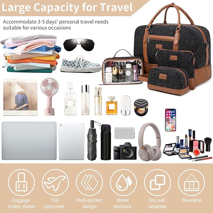 Wogarl 4PCS Weekender Bags for Women Large Overnight Weekend Travel Duffel Carry on Shoulder with Shoe Compartment Canvas Toiletry Bag for Travel Business Gym
