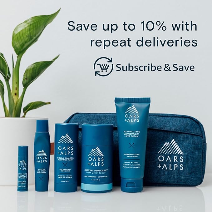 Oars + Alps Hair and Body Travel Kit for Men, Includes Sulfate Free Shampoo, Conditioner, Body Wash, Deodorant, and Reusable Pouch, TSA Friendly, Alpine Tea Tree Scent