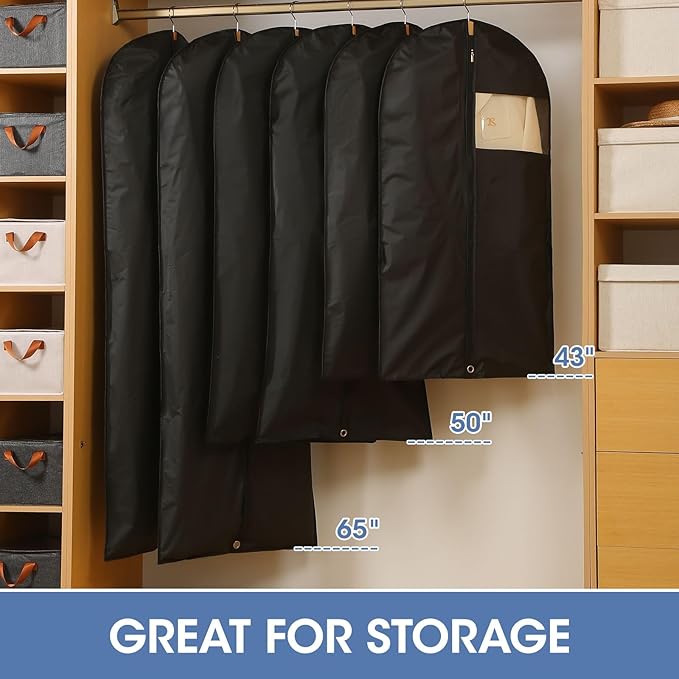 Garment Bags for Hanging Clothes, 50'' Long Dress Bags for Closet Storage, Black Garment Covers with Clear Window for Suits, Coats, Jackets（5 Packs）