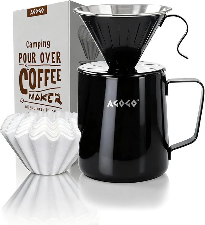 AGOGO Pour Over Coffee Maker Set - Unbreakable 304 Stainless Steel V60 Dripper & Server for Camping & Party, Includes 50 Paper Filters & Barista Towel - Black - 30oz