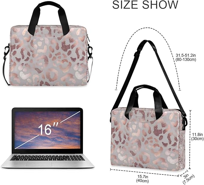 Rose Gold Leopard Print Pink Laptop Messenger Bag Case Sleeve Crossbody Briefcase for Men Women with Shoulder Strap Handle 13 14 15.6 inch
