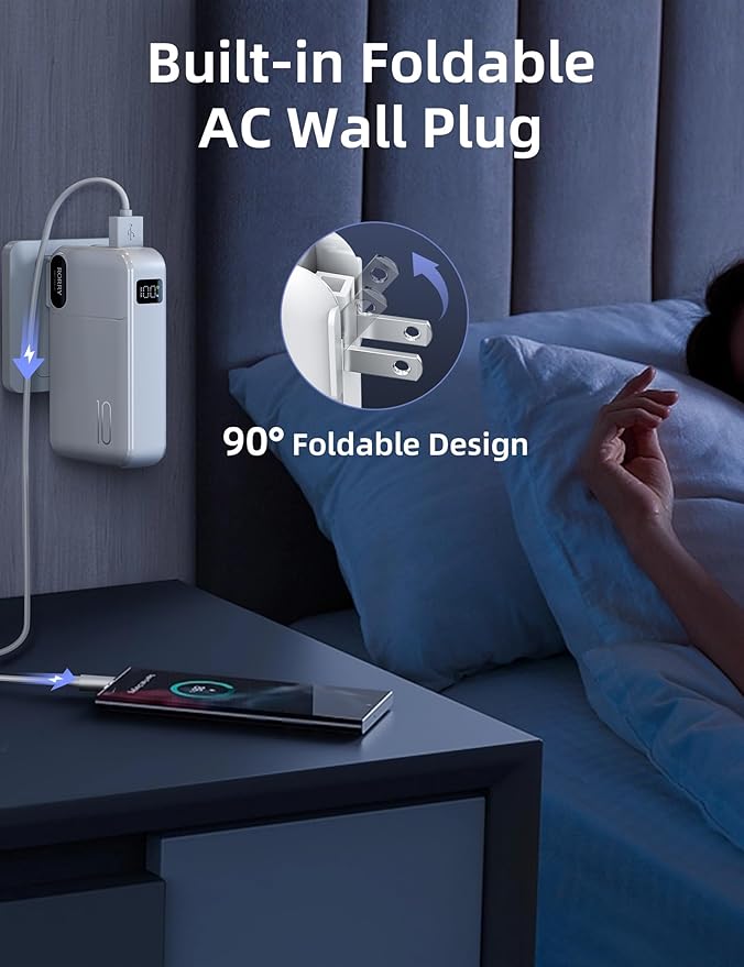 RORRY Portable Charger Built in Cables, AC Wall Plug In Portable Charger Power Bank 10000mAh Travel Battery Pack 22.5W Fast Charging for iPhone 17/16/15 Samsung Galaxy S25/S24/S23 Pixel LG iPad, White