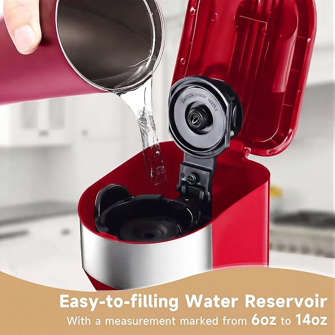 Single Serve Coffee Maker, 2 in 1 Brewer for K Pod & Ground Coffee, 90s Rapid Brew 6 to 14oz Capacities with Auto Shut Off, Small Compact Design for Home Office Travel Camping-Red
