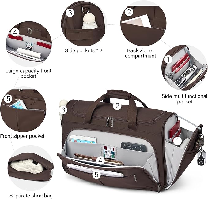 Hanke Large Capacity Travel Duffel Bag, Carry On Luggage with 12 Pockets, 17 Inch Laptop Compartment, Wet Dry Separation & Independent Shoe Bag, Lightweight Foldable Duffel Bag for Women Men（Coffee）