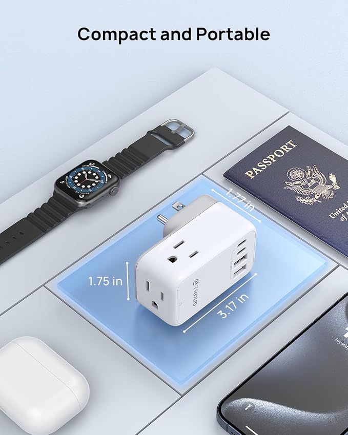 TROND Outlet Splitter with 360 Rotating Plug, 3 AC Plug Extender with 2 USB-C & 2 USB-A Ports, Additional Outlets Off to Side, Useful Adapter with Rotating Design for Home Travel Cruise Essentials