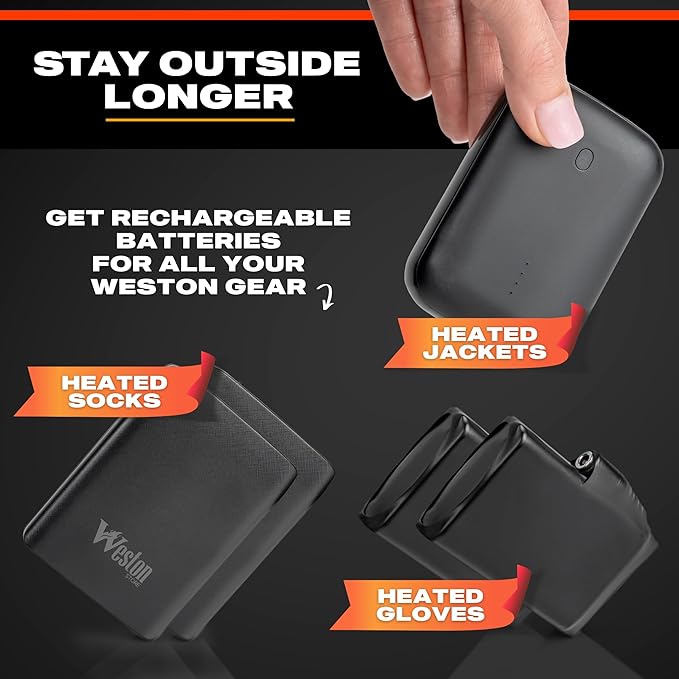 Weston 7.4V Rechargeable Battery Pack - 5000 mAh Replacement Power Source for Heated Jackets, Vests, and Clothing - USB & DC Output - Compatible Heated Gear