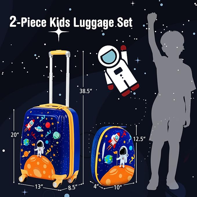 BABY JOY 2 PC Kids Carry On Luggage Set, 18" Toddler Trolley Case & 12" Backpack with Hard Shell & Rolling Wheel Design, Kids Suitcase for Boys Girls (Astronaut)