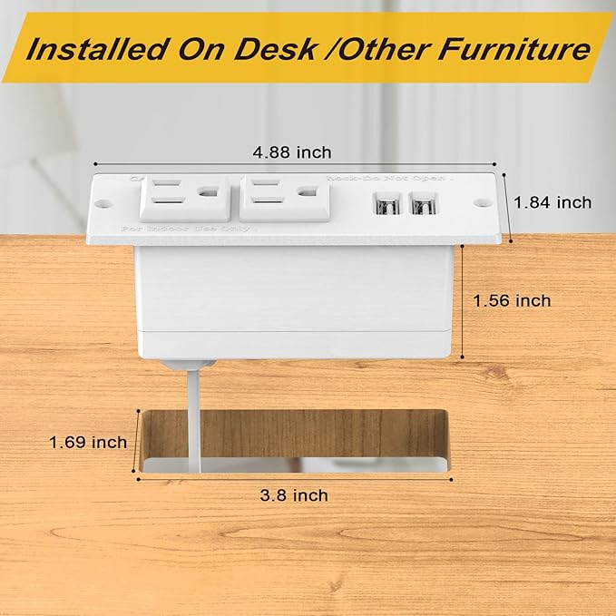 Recessed Outlet Desk Outlets with USB Ports Recessed Power Strip with 2-Socket 2-USB Charging Ports Desktop Power Grommet Charging Station with 6FT Extension Power Cord,Flat Plug