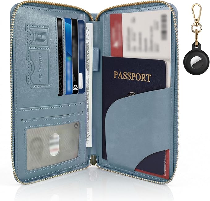 RFID Blocking Passport Wallet, Anti Theft PU Leather Passport Pouch with Tracker Case, Travel Document Organizer Zipper Wallet with Wrist Strap, Gifts for Women and Men (Blue)