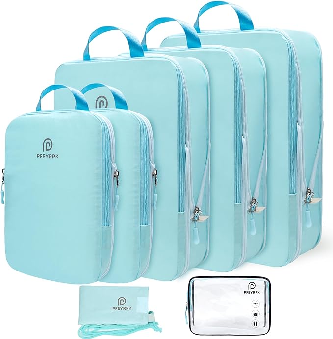 PFEYRPK Lightweight Compression Packing Cubes for Suitcases, Compressible Expandable Travel Packing Organizer with Clear Toiletries and Backpack Bag, Travel Essentials for Carry on Luggage 7 Set