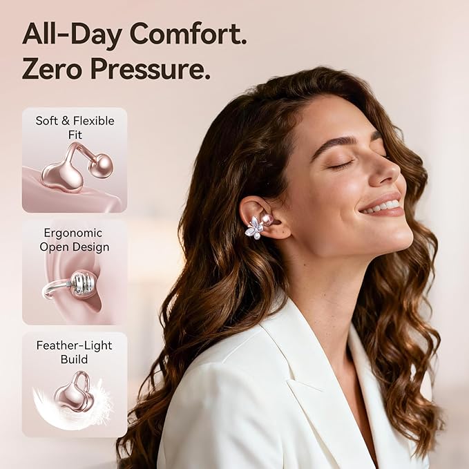 Kinglucky Clip-On Open Ear Earbuds with Detachable Butterfly Earrings, Bluetooth 6.0 Wireless Headphones for Women, 50H Playtime, Comfortable Fit for Small Ears, Sports, Glasses Wearers, Rose Gold
