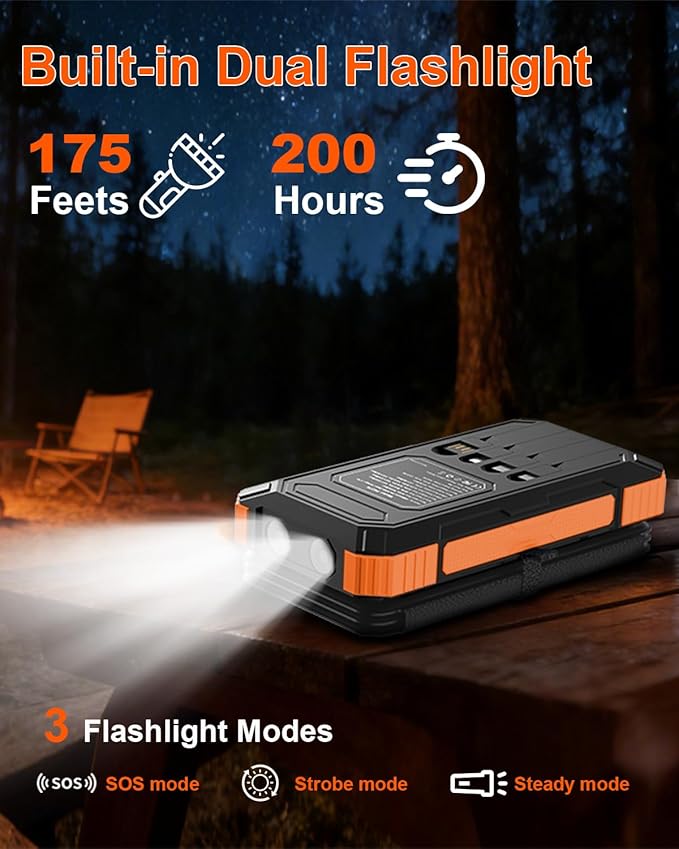 Solar Charger Power Bank 49800mAh with 4 Built-in Cables & 4 Foldable Panels, 22.5W Fast Portable Phone Charger, External Battery Pack with USB-C in/Output & Flashlight for Outdoor Camping