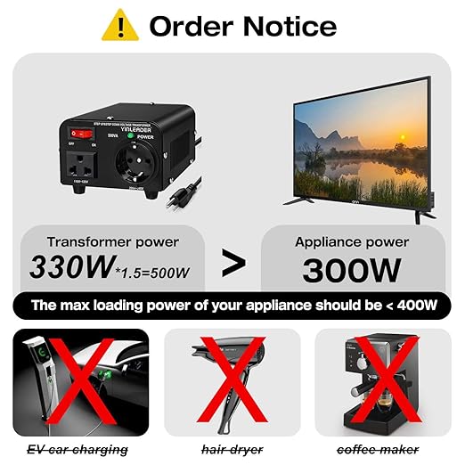 Yinleader 110v to 220v European Voltage Converter Transformer 500W Step Up Converter 110/120 Volt to 220/230/240 Volt or Step Down 220 to 110,[110V US Power Cord Included Only, No 220V Cord]