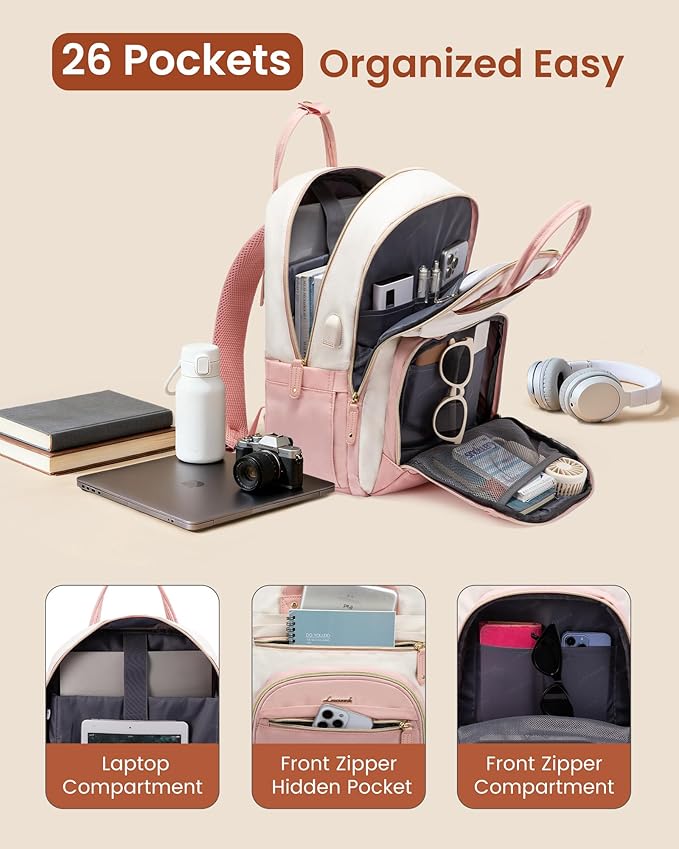 LOVEVOOK Laptop Backpack Women with USB Port Design,18.4 inch Waterproof Work Travel Backpack Computer Laptop Bag,Cute College Nurse Teacher Backpack Purse,Gifts for Women & Men,Beige-Pink-Pink