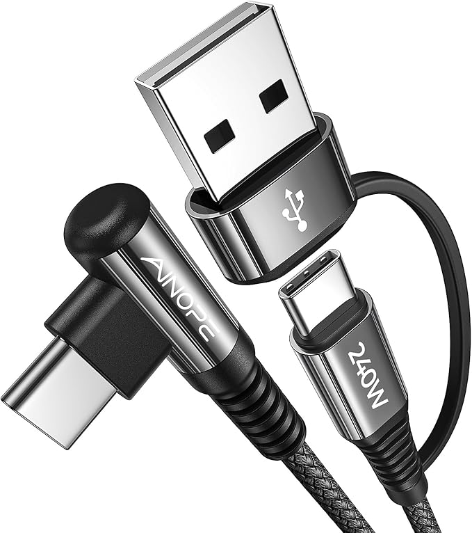 AINOPE 240W Long USB C Cable Multi 4 in 1 Charging Cable Fast Charging C Type Charger Fast Charge USB to USB C,Right Angle Fit iPhone 17 16 15 Pro Max iPad Samsung 10FT Black