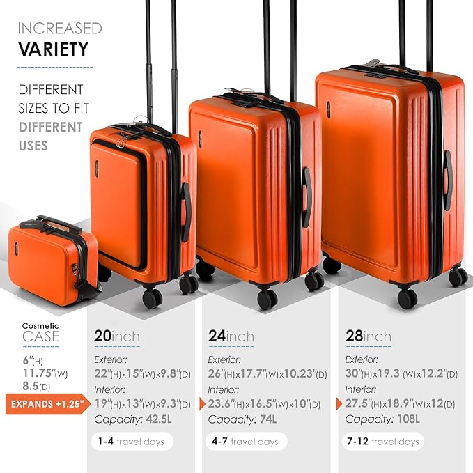 TRAVELARIM Orange Hardshell Luggage Sets 4 Piece, Durable Suitcase Set, Travel Luggage Set with Integrated TSA Lock, 360° Spinner Wheels, Expandable Medium and Large Checked Suitcase, 20/24/28 Inch