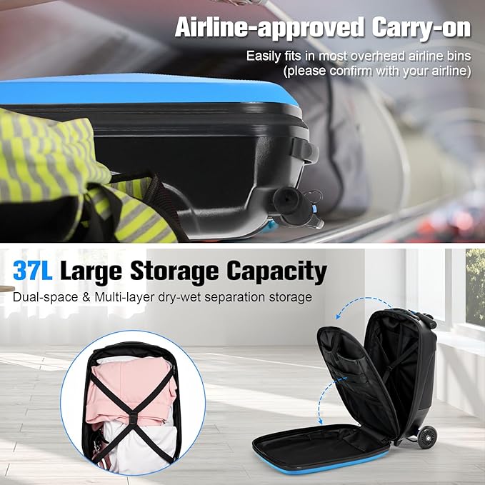 smilesun Scooter Luggage For Kids & Adults， Hardside Ride On Suitcase For Kids Ages 4-15 Multifunctional Lightweight Foldable Carry On Luggage With Wheels Ride On For Children Teenagers（Light Blue）