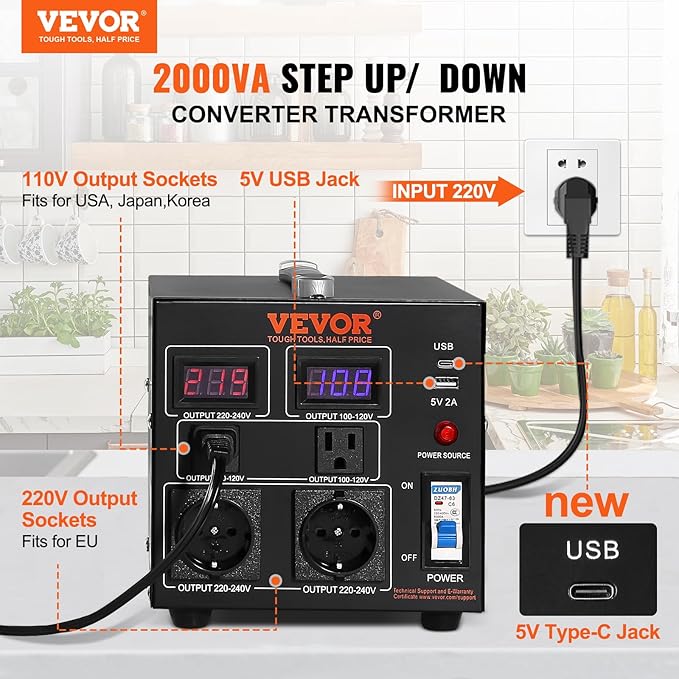 VEVOR Voltage Converter Transformer, 2000W, Heavy Duty Step Up/Down Transformer, Convert from 110 Volt to 220 Volt and from 220 Volt to 110 Volt, with US Outlet EU Outlet 5V USB Port, CE Certified