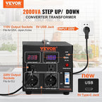 VEVOR Voltage Converter Transformer, 2000W, Heavy Duty Step Up/Down Transformer, Convert from 110 Volt to 220 Volt and from 220 Volt to 110 Volt, with US Outlet EU Outlet 5V USB Port, CE Certified