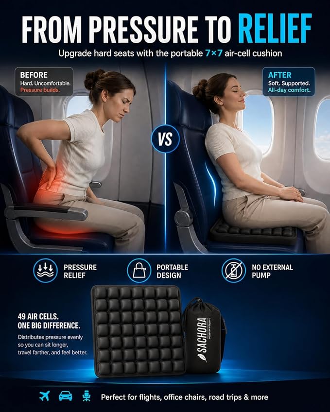 Inflatable Travel Seat Cushion for Airplane & Office – Airplane Seat Cushion for Long Flights, Portable Seat Pad for Plane Travel, Tailbone & Lower Back Pressure Relief