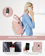 LOVEVOOK Laptop Backpack, D-Pink-Grey, 15.6in Laptop Compartment, 26L Capacity, 18 Pockets, Ergonomic Shoulder Straps, USB Charging Port