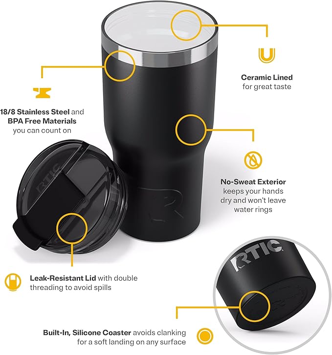 RTIC 20oz Essential Tumbler with Lid, Ceramic Lined, Insulated, Stainless Steel, Metal, Double Wall Vacuum-Insulation, Travel Cup for Iced Coffee, Tea, Hot and Cold Drink, Black