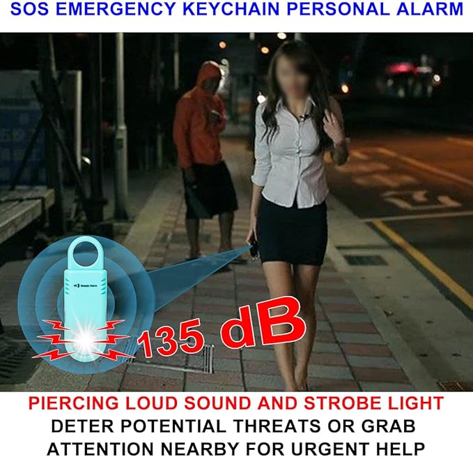 135dB Rechargeable Personal Safety Alarm Built-in Ultra-Bright Flashlight Non Slip Grip Keychain Emergency SOS Siren for Women, Students, Night Runner. Loud Sound Hiking Bear Alerts with Hook. Aqua