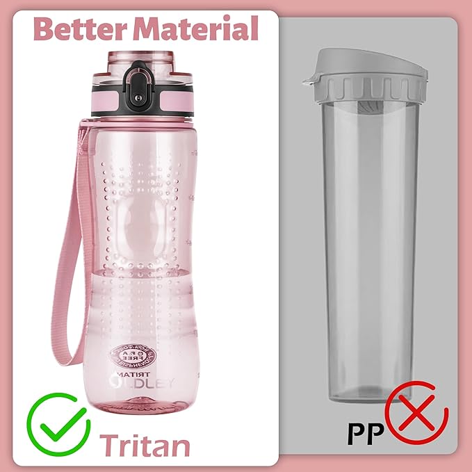 OLDLEY 25 oz Water Bottle, Motivational Water Bottle with Time Marker, Sports Water Bottle With Strap, Leakproof & BPA Free Large Water Bottles for School, Gym, Travel, Outdoor, Transparent Pink