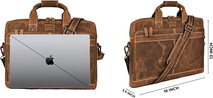 LEATHER VILLAGE 18" Leather Laptop Messenger Briefcase Bag for Men-Leather Satchel for Travel and Office Shoulder Bag- Sun Tan Brown