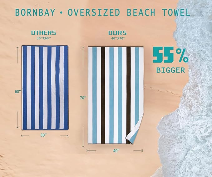 Bornbay Cotton Oversized Beach Towel - Extra Large 40"X70" Big Cute Thick Pool Towel, XL Stitch Beach Towels Striped Blue Brown Swimming Towel for Adults Mens Women