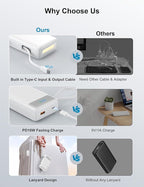 Portable Charger, 27000mAh 22.5W Fast Charging Power Bank with Built-in Cable, USB C Battery Pack with LED Display/Flash Light, Travel Essential External Battery Charger Bank for iPhone Samsung White