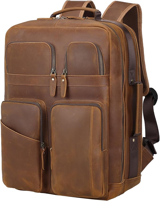 TIDING 17.3 Inch Full Grain Leather Laptop Backpack for Men Multi Pockets Casual Daypack Travel Rucksack
