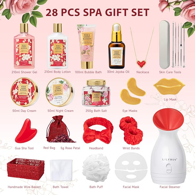 Gifts for Women - 27 Pcs Bath and Body Gifts Basket Set, Rose Spa Gifts Set Skin Care Set for Women, Gift Baskets Set for Mom | Gifts for Birthday, Christmas Gift, Mothers Day, Valentines Day Gift