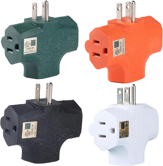 3 Way Plug Adapter - UL Listed - Outdoor Outlet Splitter 3 Prong - Electrical Outlet Extender, Wall Outlet Expander, Outdoor Heavy Duty Triple Plug Outlet Adapter 4PCS (G+O+W+B)