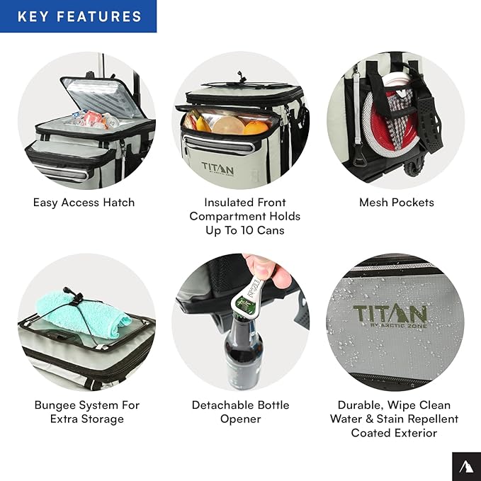 Titan by Arctic Zone Collapsible Wheeled Soft Sided Cooler with Detachable Rolling AT Cart, Insulated Bag with Leak Proof Lining, for Travel, Beach, Picnic, 60 Can Capacity