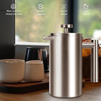 SZHETEFU French Press 34 OZ, Durable Stainless Steel French Press Coffee Maker, Double-Wall Insulated Coffee Presses for Travel Camping Tea, Easy to Use, Dishwasher Safe (Silver Matte)