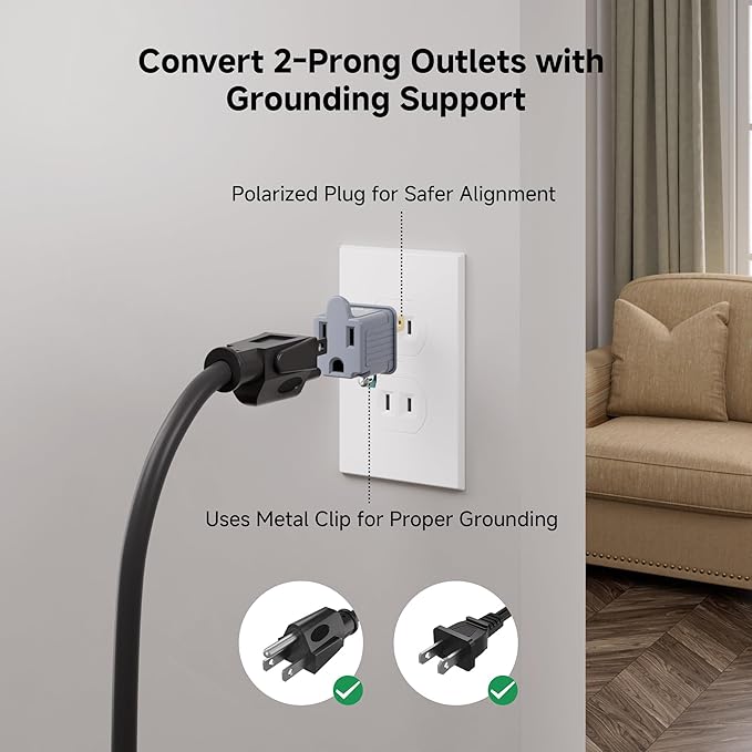 [UL Listed] Cable Matters 3-Pack 2 Prong to 3 Prong Outlet Adapter, 3P to 2P Plug Adapter - Converts a 2Prong Outlet to Support 3Prong Plugs, Gray