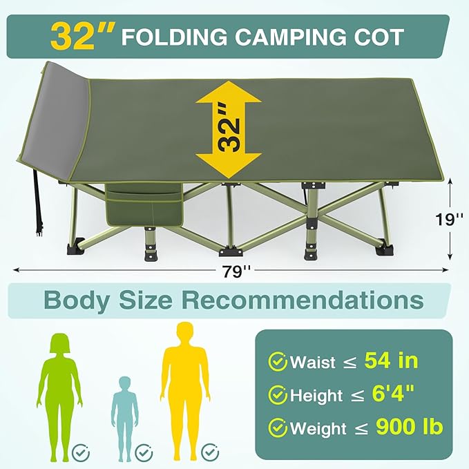 ZENPETIO Oversized XXL Folding Camping Cot, Heavy Duty Sleeping Cot for Adults with Mattress and Pillow, Portable Cot Bed with Carry Bag for Outdoor Camp Travel Home Guest Office, Green